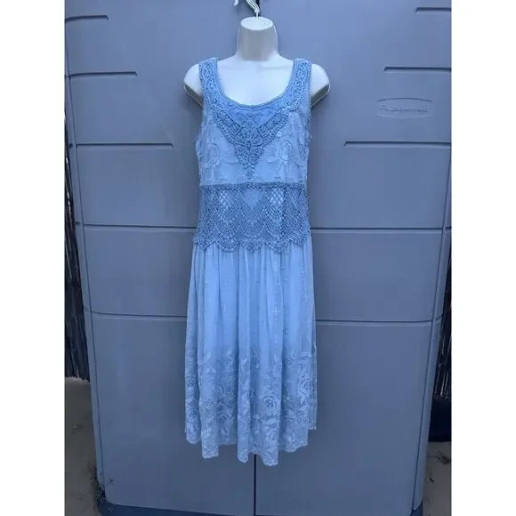 SUNDANCE Love Always Blue Lace Overlay Midi Dress Sz 6 Beach Coastal Romantic - Picture 3 of 14